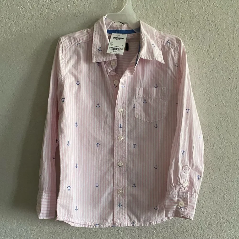 OshKosh Boys NWT Pinstripe Poplin Button Front Shirt Pink Striped Anchors Size 6